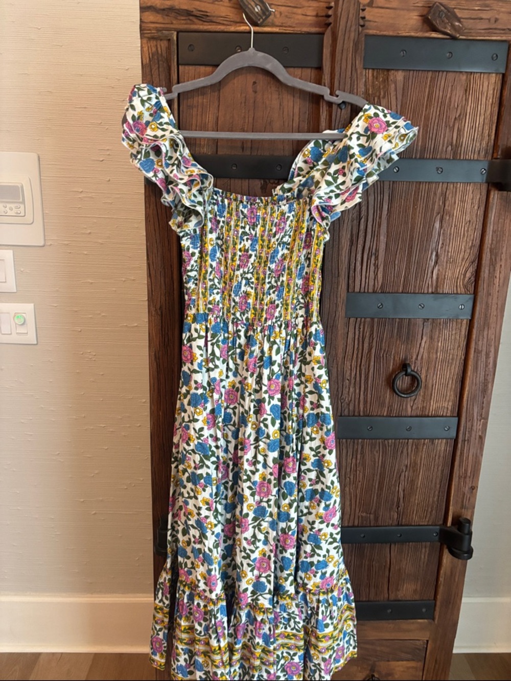 Smocked Floral Maxi Dress in White with Pink & Blue Blooms